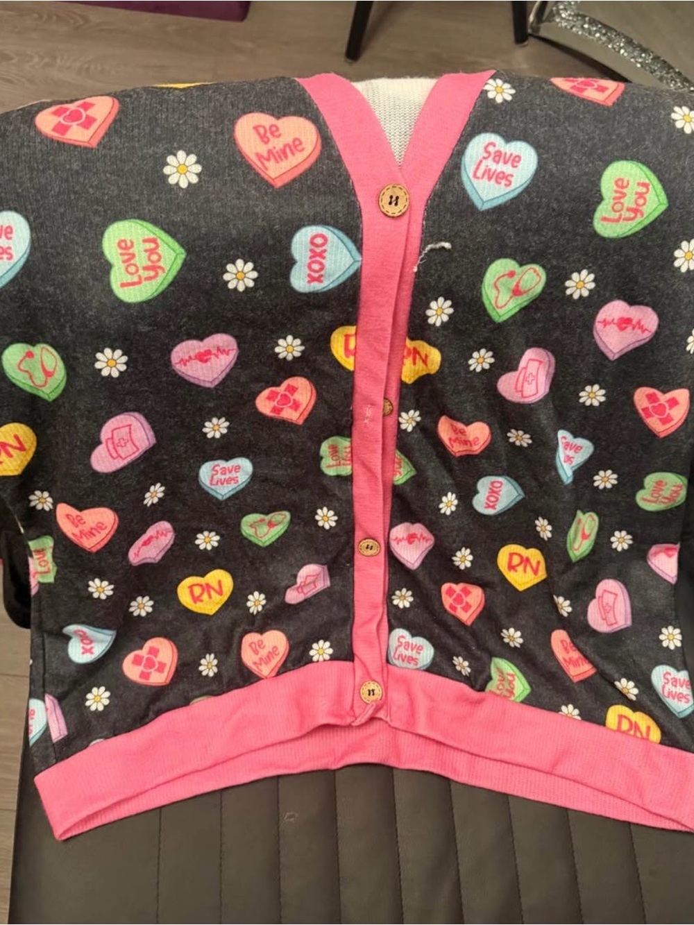 Nurse-Themed Heart Candy Button Cardigan - Pink Trim